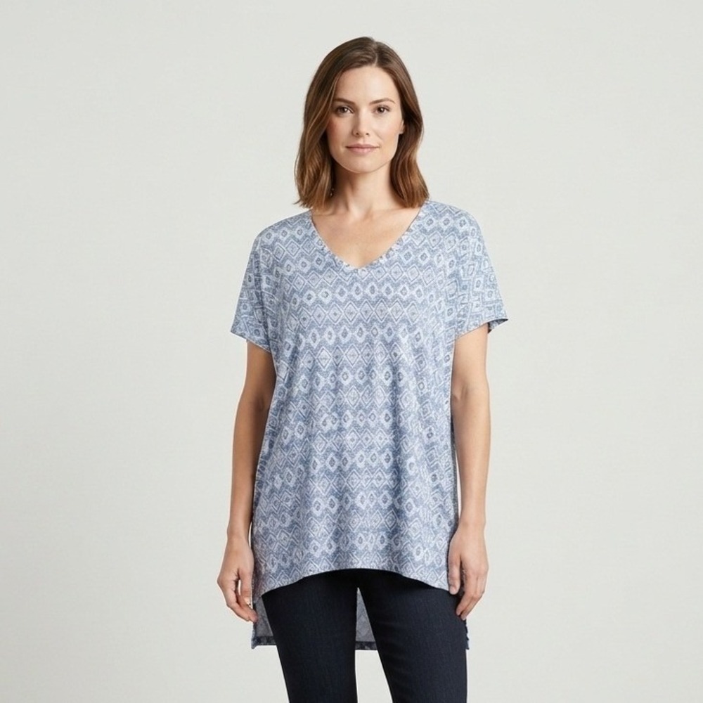 Orvis Classic Collection Blue Geometric Diamond V-Neck Top XL Short Sleeve